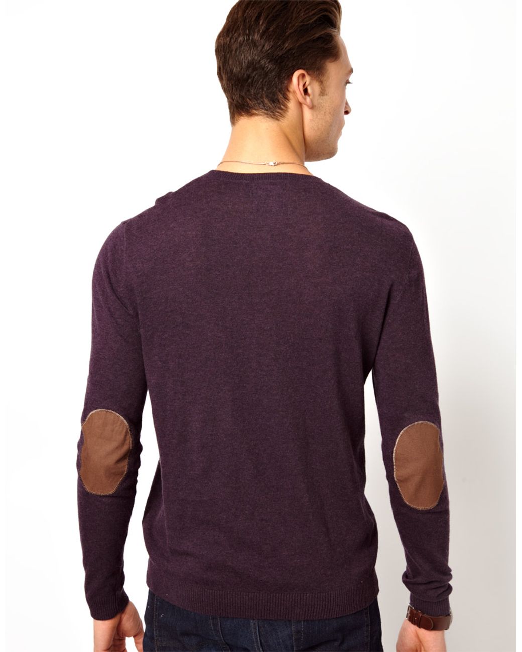 ASOS Asos Crew Neck Sweater with Elbow Patches in Purple for Men