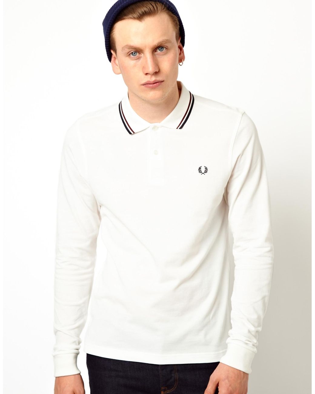 Fred Perry Long Sleeve Twin Tipped Polo in White for Men | Lyst