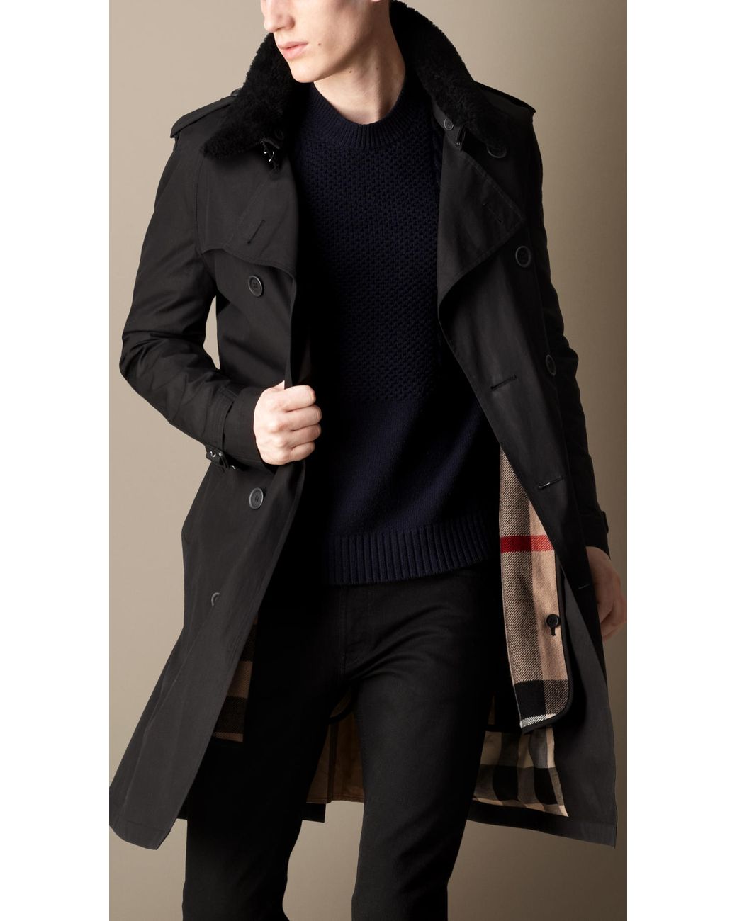 Burberry Midlength Shearling Collar Canvas Trench Coat in Black for Men |  Lyst