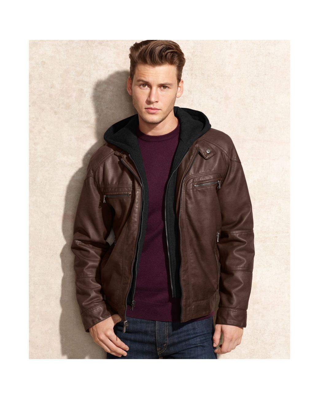 Calvin Klein Hooded Faux Leather Jacket in Brown for Men | Lyst