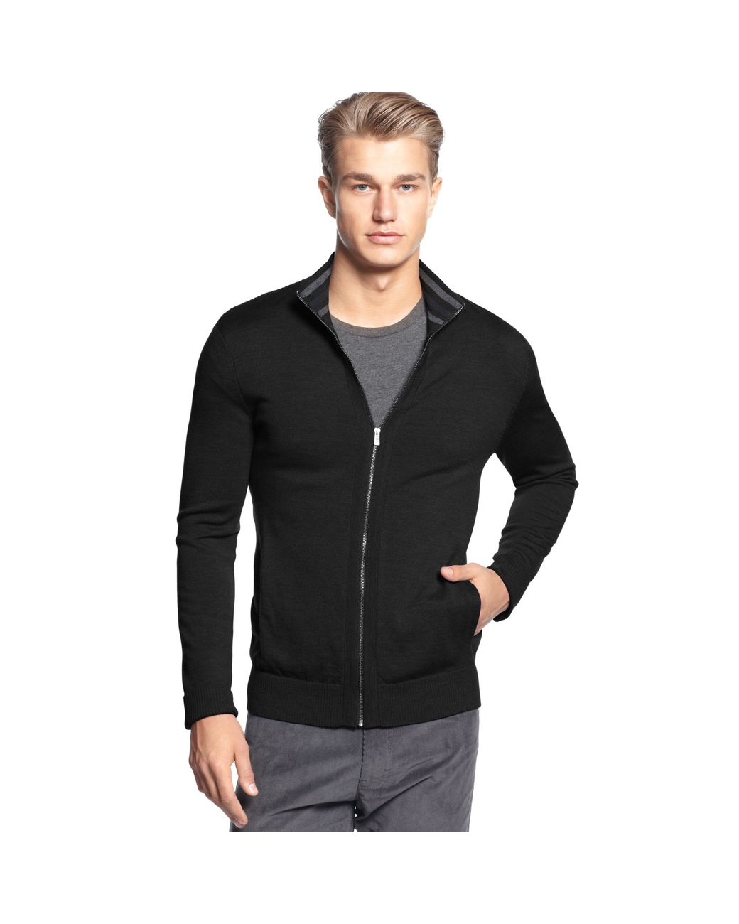 Calvin Klein Full Zipper Merino Sweater in Black for Men | Lyst