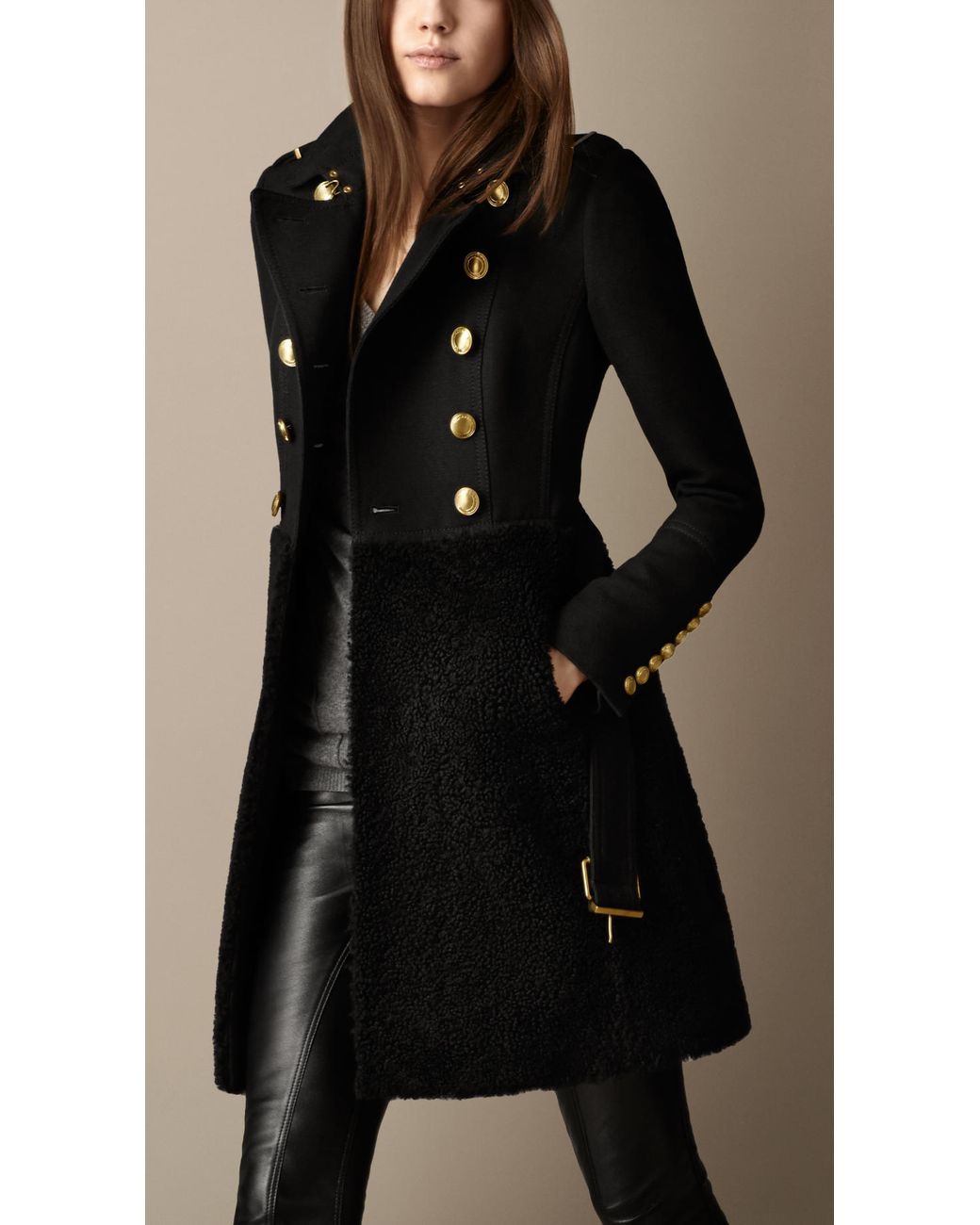 Burberry Shearling Skirt Fitted Coat in Black | Lyst