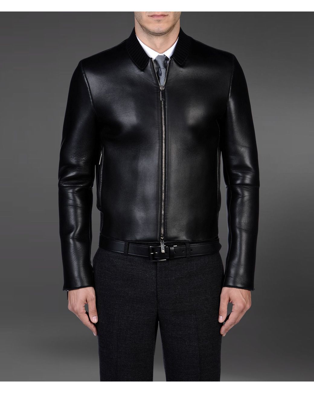 Emporio Armani Leather Bomber Jacket with Knit Collar in Black for Men |  Lyst