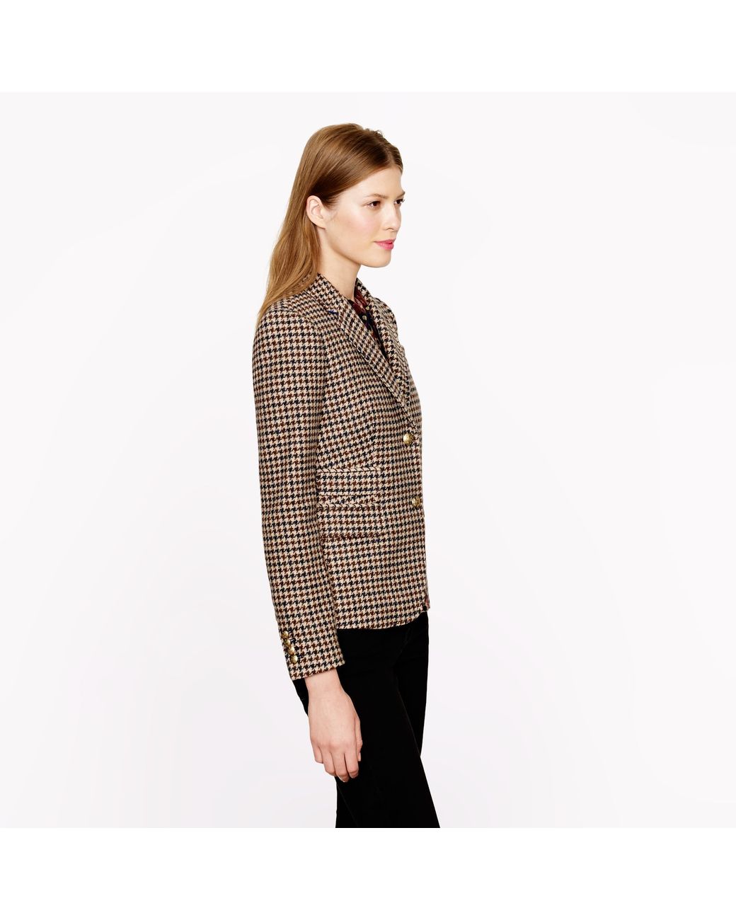 J.Crew Petite Schoolboy Blazer in Houndstooth Tweed in Brown Lyst