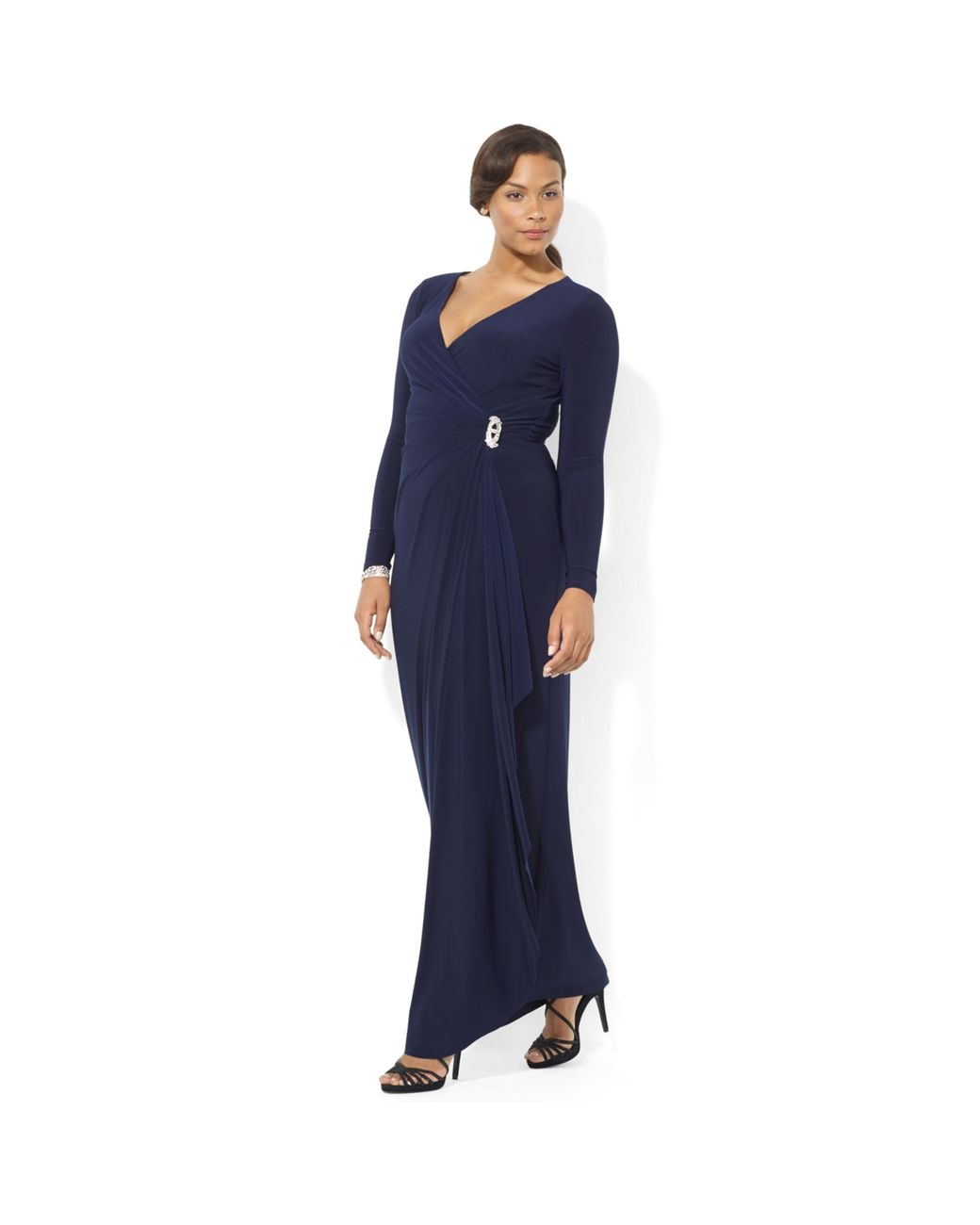 Lauren by Ralph Lauren Long-sleeve Jersey Gown with Brooch in Blue | Lyst