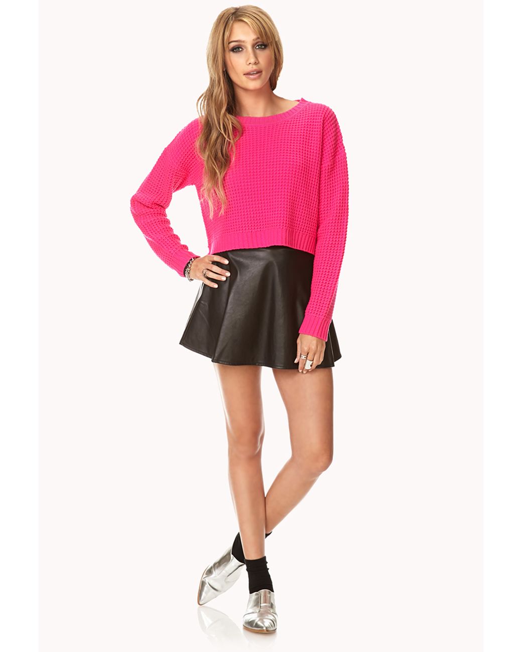 Cropped Waffle Knit Sweater in Hot Pink 