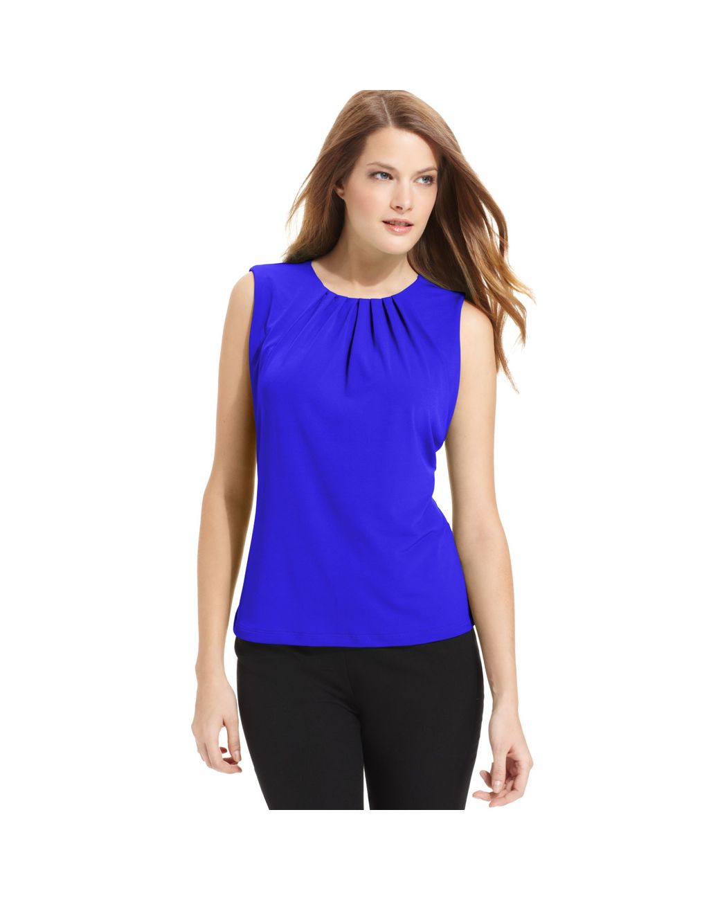 Calvin Klein Sleeveless Pleated-neck Blouse in Blue | Lyst