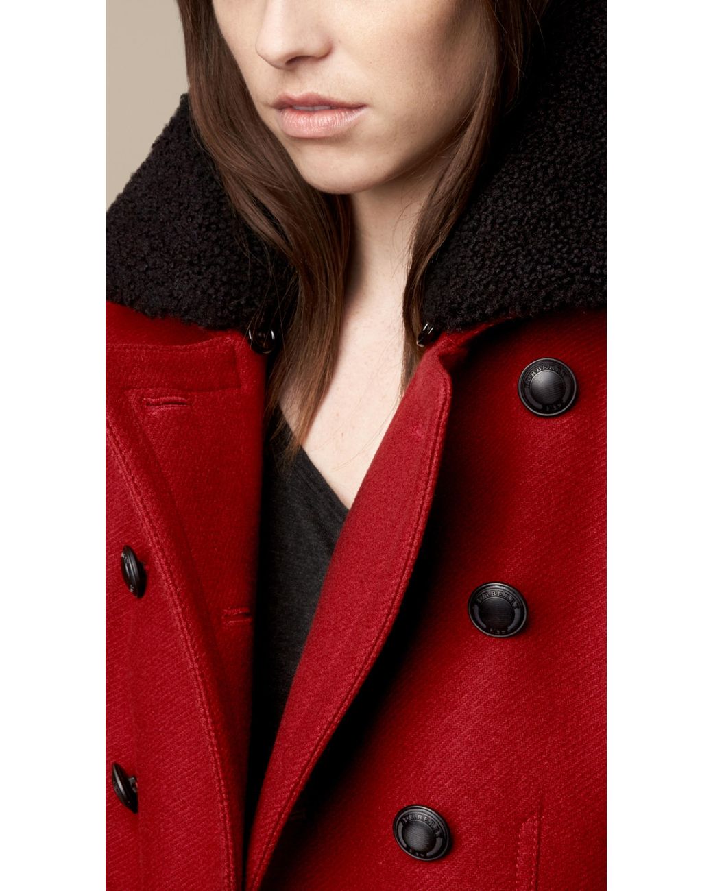 Burberry Shearling Collar Pea Coat in Red | Lyst UK