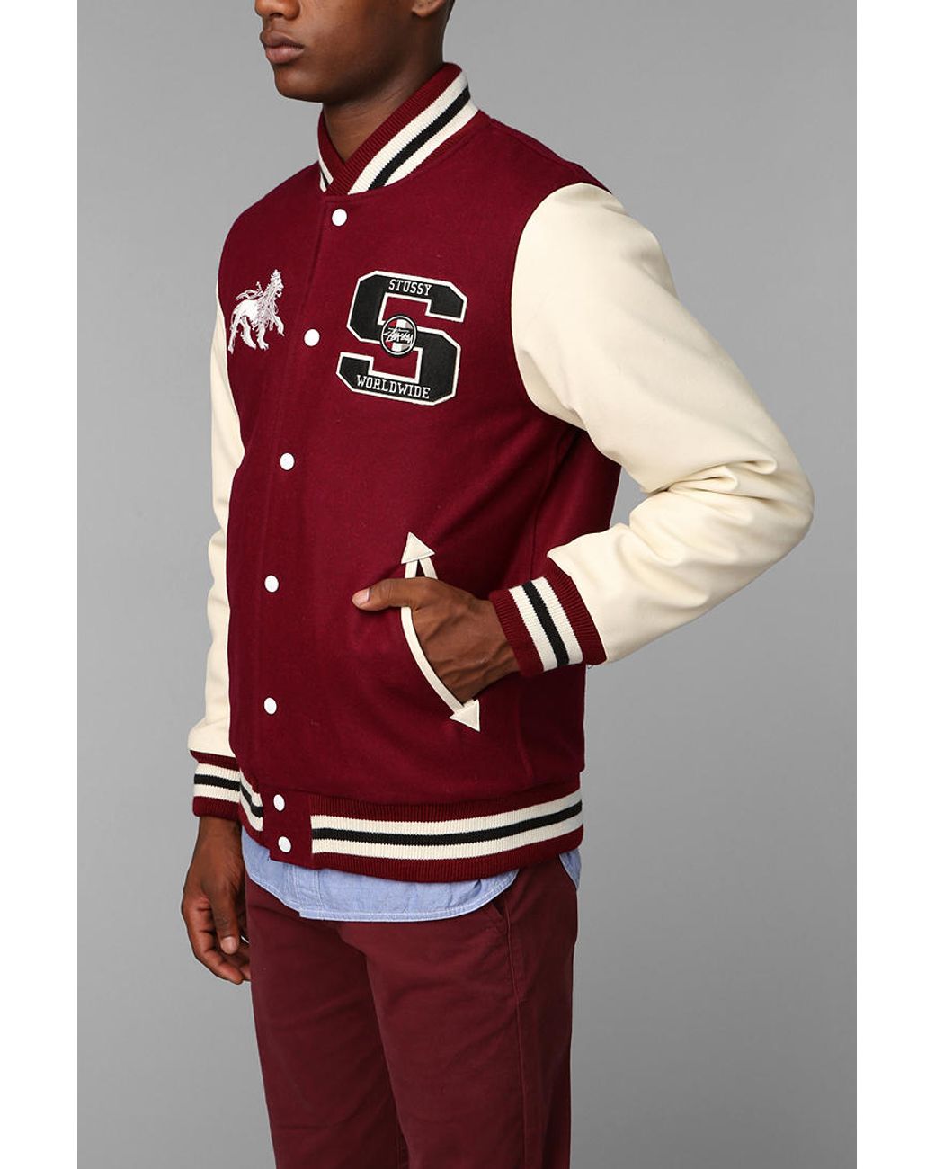 Urban Outfitters Stussy Worldwide Letterman Jacket in Red