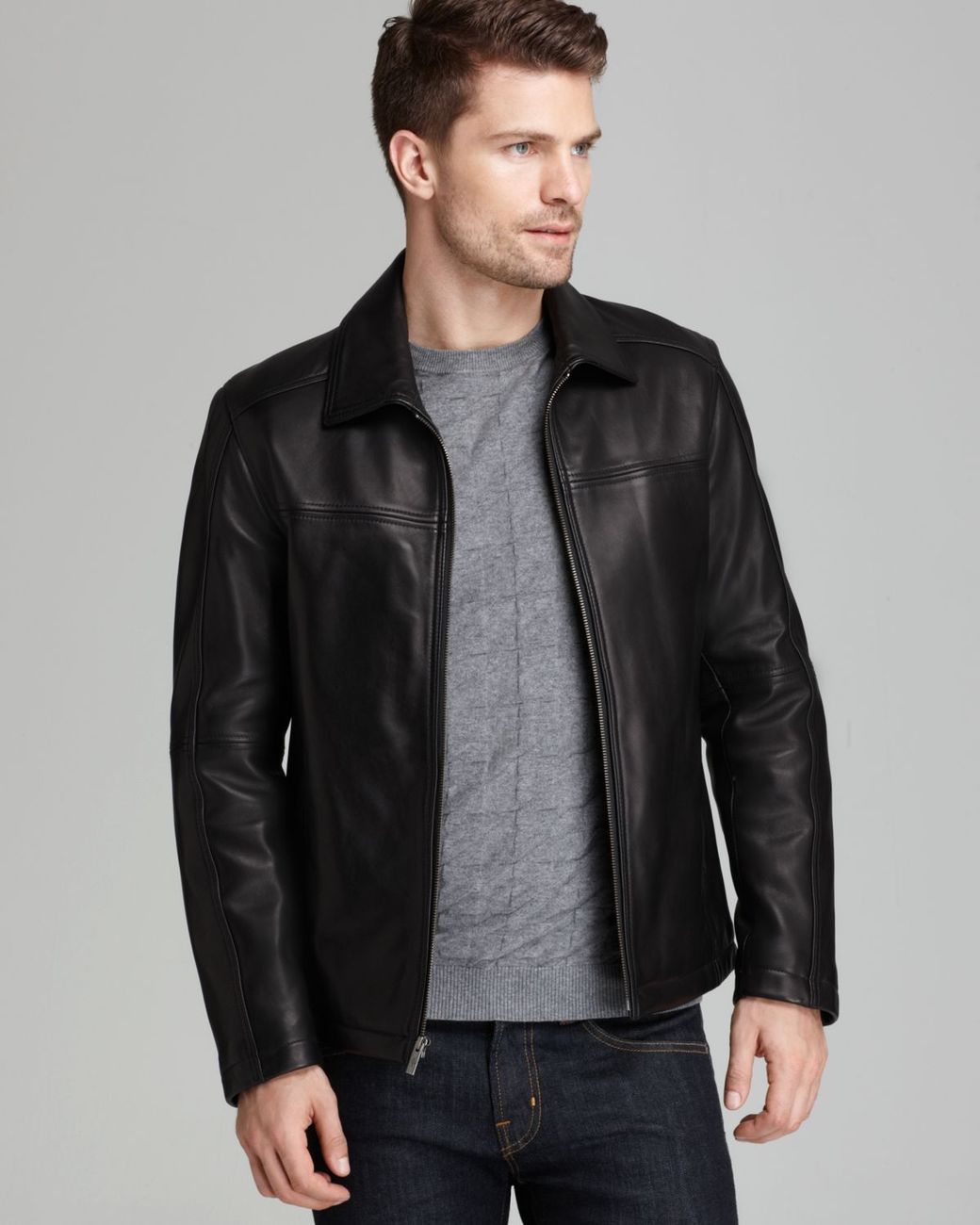 Cole Haan Smooth Leather Moto Jacket in Black for Men | Lyst