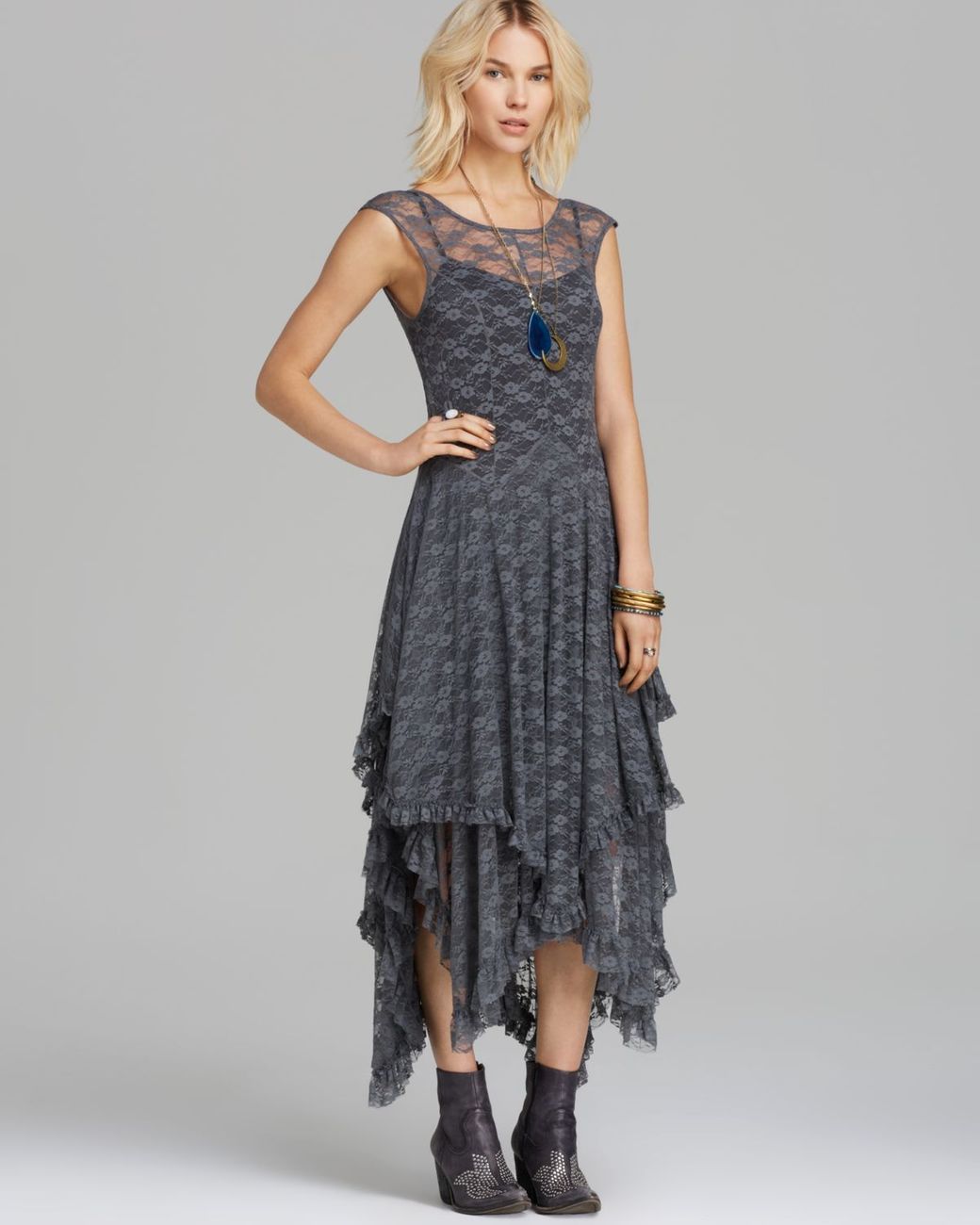 Free People Slip Dress Stretch Lace French Court in Gray | Lyst