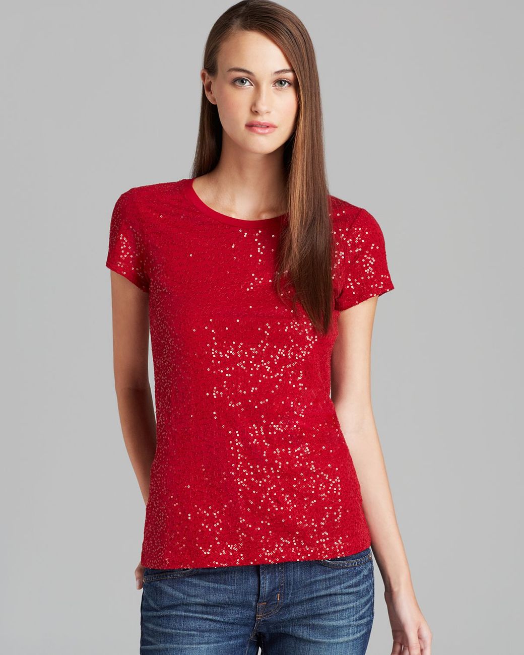 DKNY Short Sleeve Sequin Tee in Red | Lyst