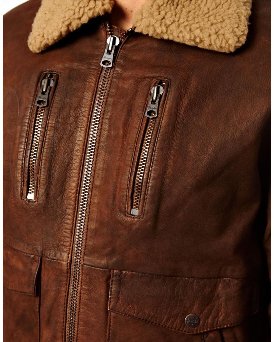 Wrangler Leather Jacket Sherpa Collar in Brown for Men | Lyst