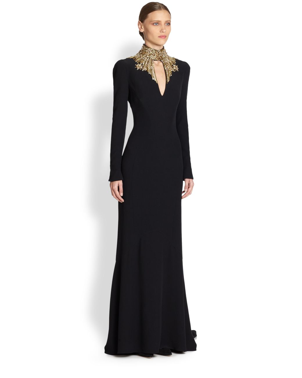 Alexander McQueen Crepe Jewelneck Gown in Black | Lyst
