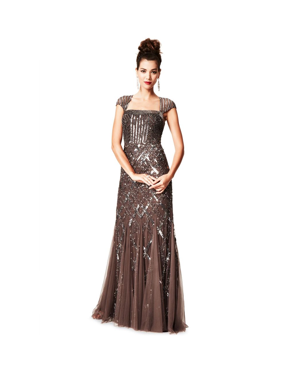 Adrianna Papell Cap Sleeve Sequined Beaded Gown Dress in Graphite (Purple)  | Lyst