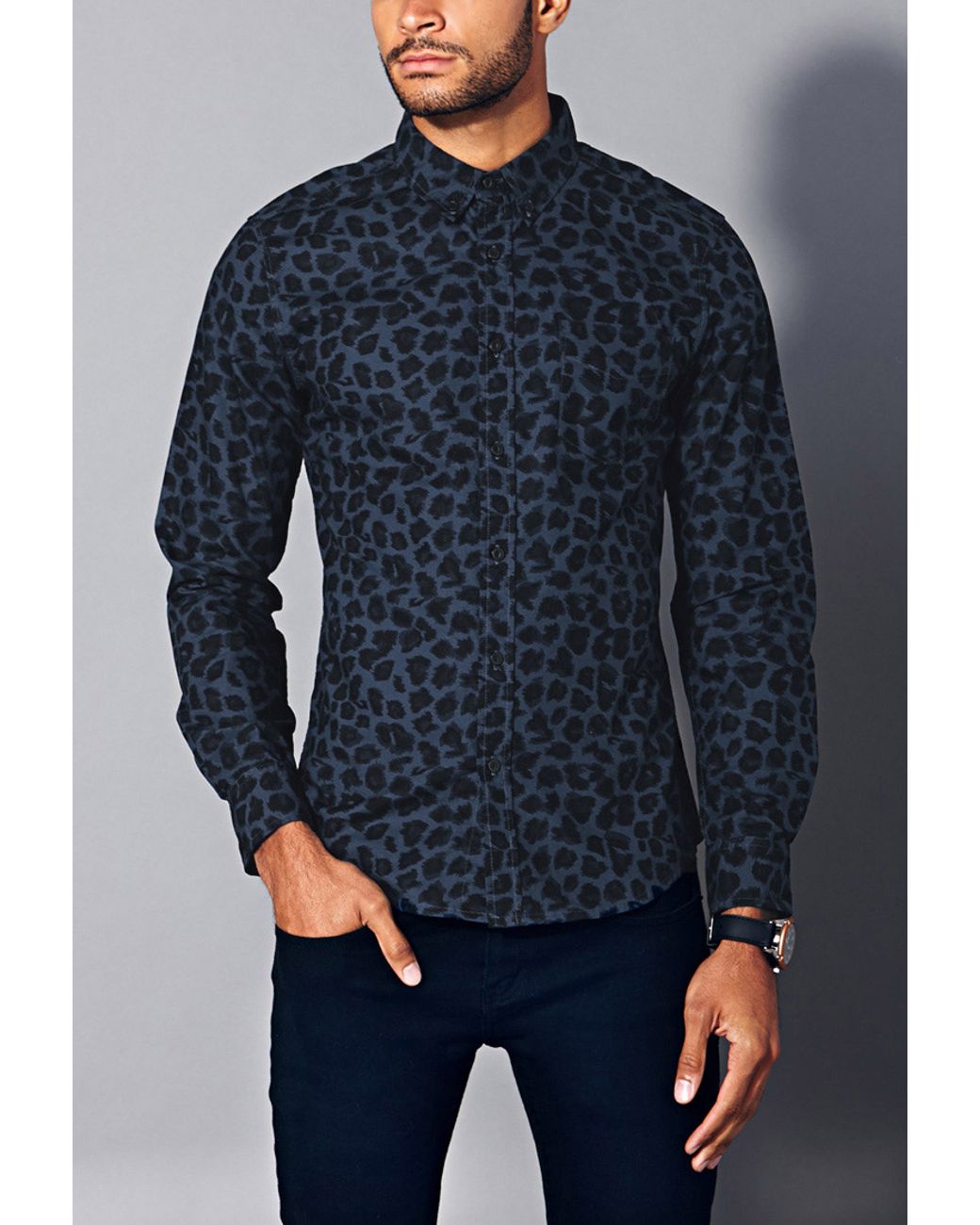 Forever 21 Slim Fit Leopard Print Shirt 