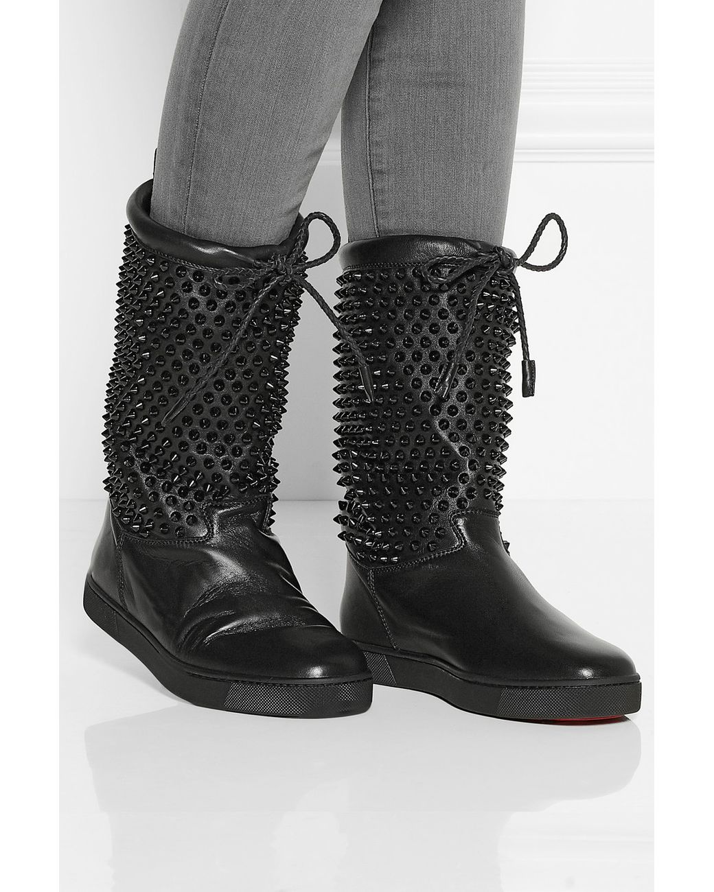 Christian Louboutin Surlapony Spikes Shearling Lined Leather Boots