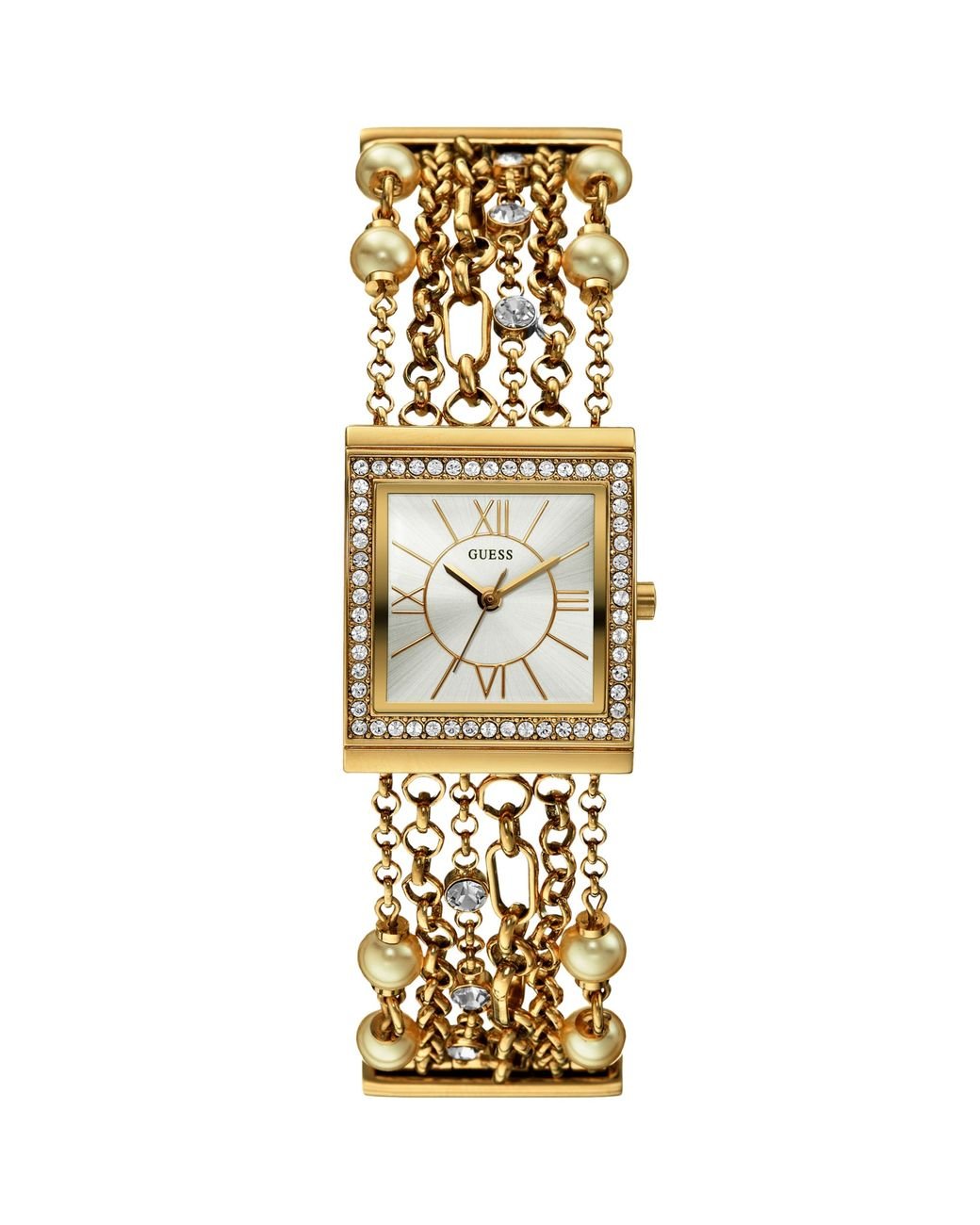 Guess Womens Imitation Pearl Goldtone Multichain Bracelet Watch 30x26mm in  Metallic | Lyst