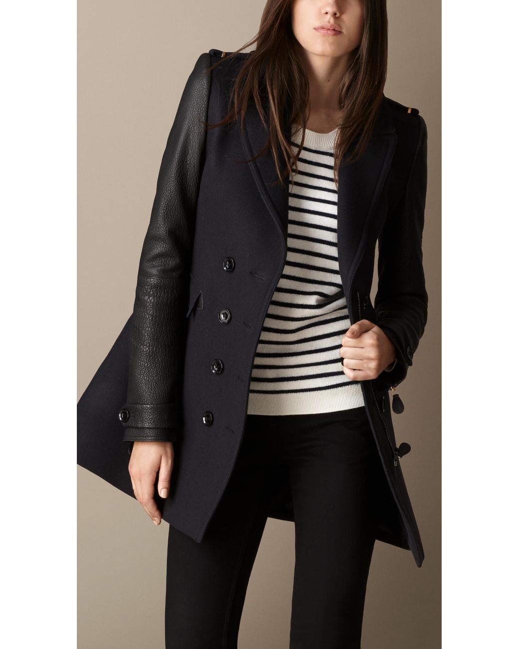 Burberry Leather Sleeve Military Coat in Navy (Blue) | Lyst