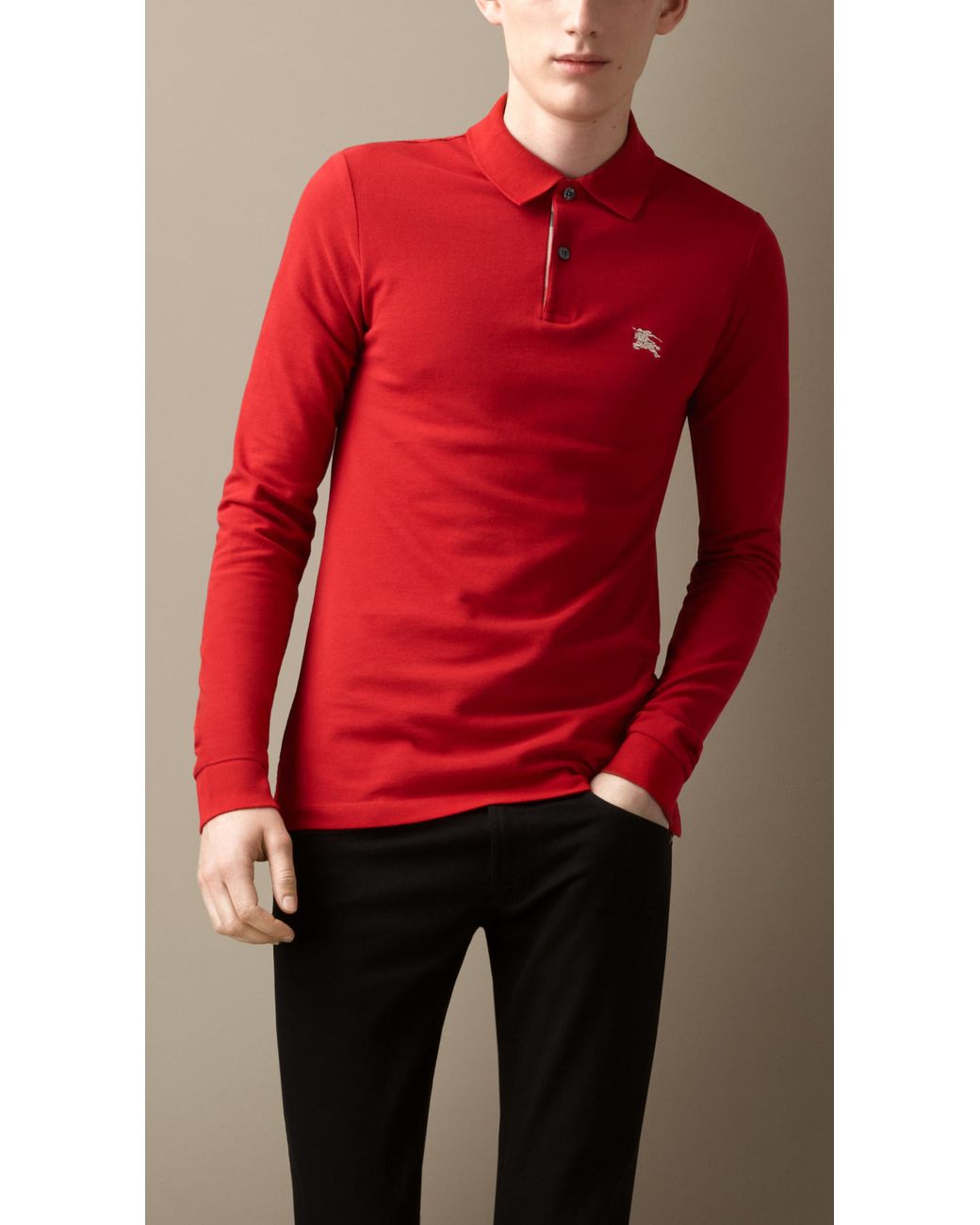 Burberry Long Sleeve Polo Shirt in Red for Men | Lyst