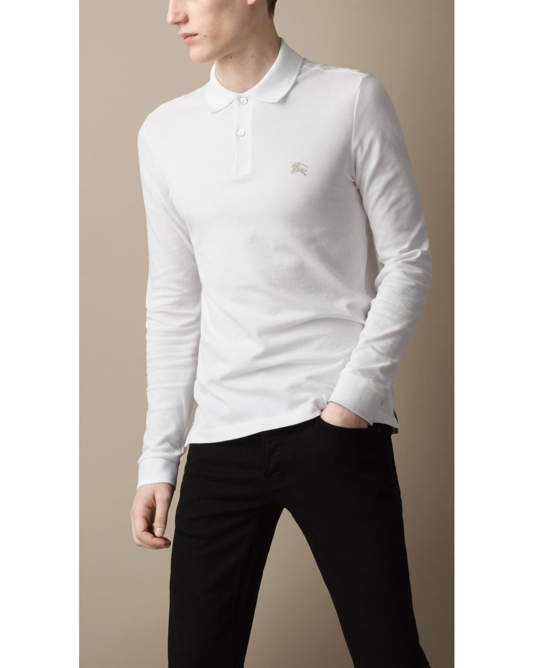 Burberry Long Sleeve Polo Shirt in White for Men | Lyst