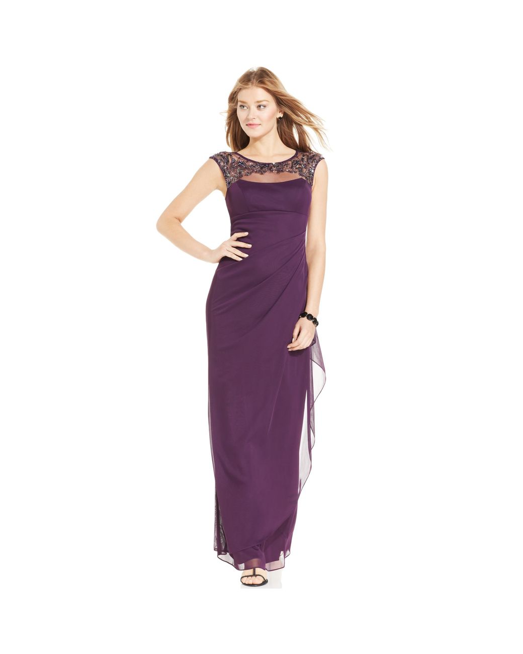 Xscape Capsleeve Beaded Illusion Gown in Purple | Lyst