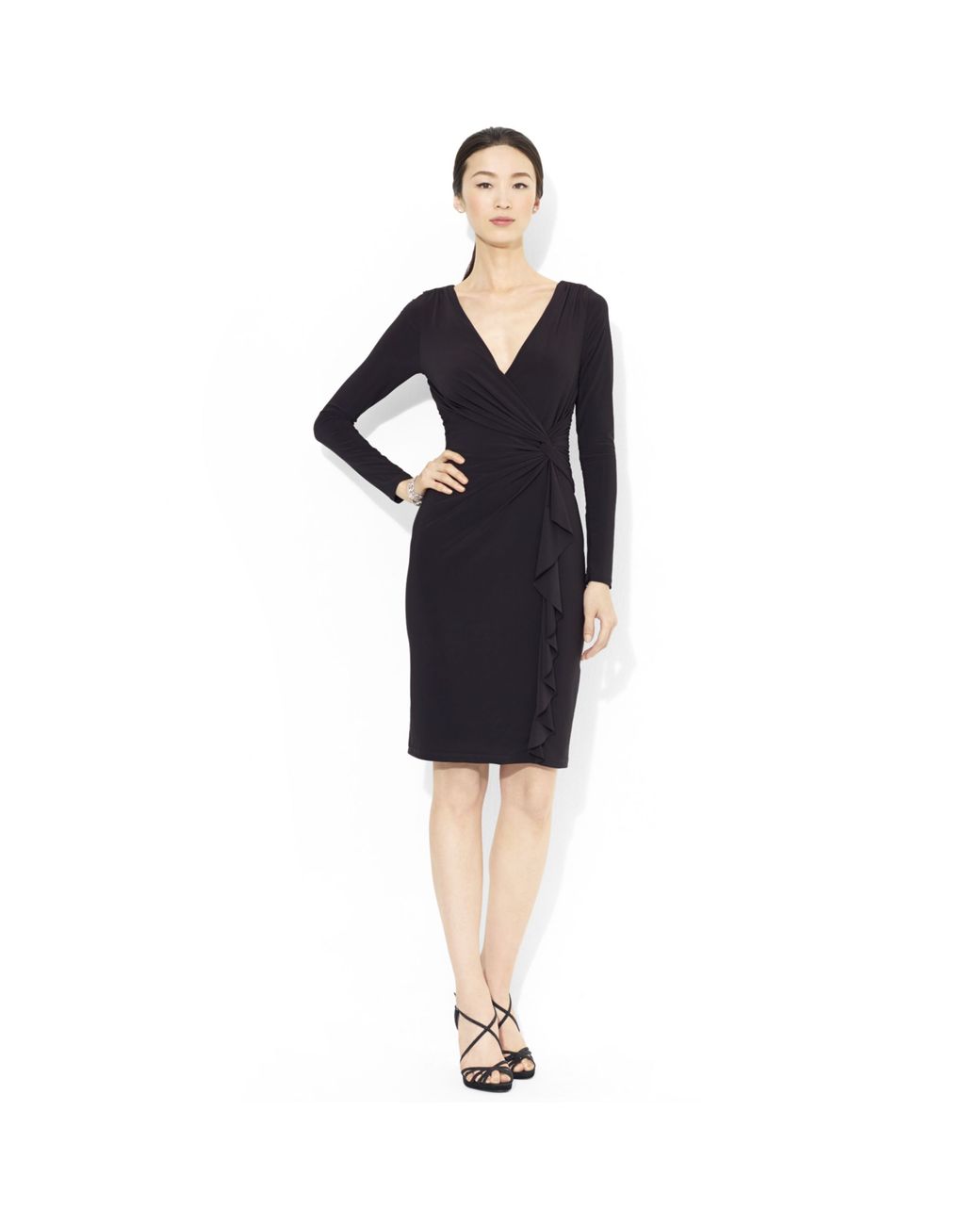Lauren by Ralph Lauren Long-Sleeve Ruffled Jersey Dress in Black | Lyst