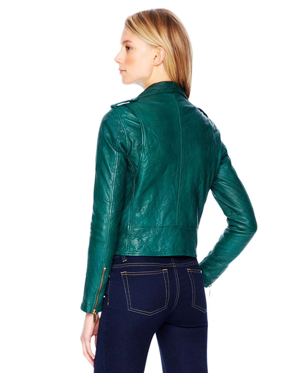 Michael Kors Michael Crinkled Leather Moto Jacket in Green | Lyst