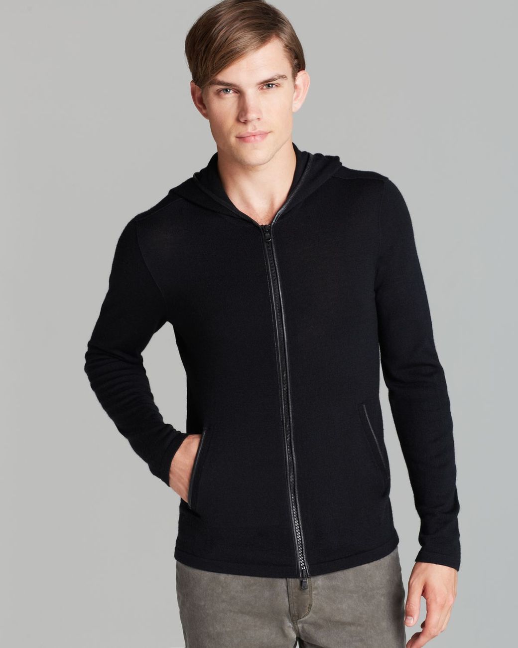 John Varvatos USA Cashmere Leather-Trim Zip Front Hoodie in Black for ...
