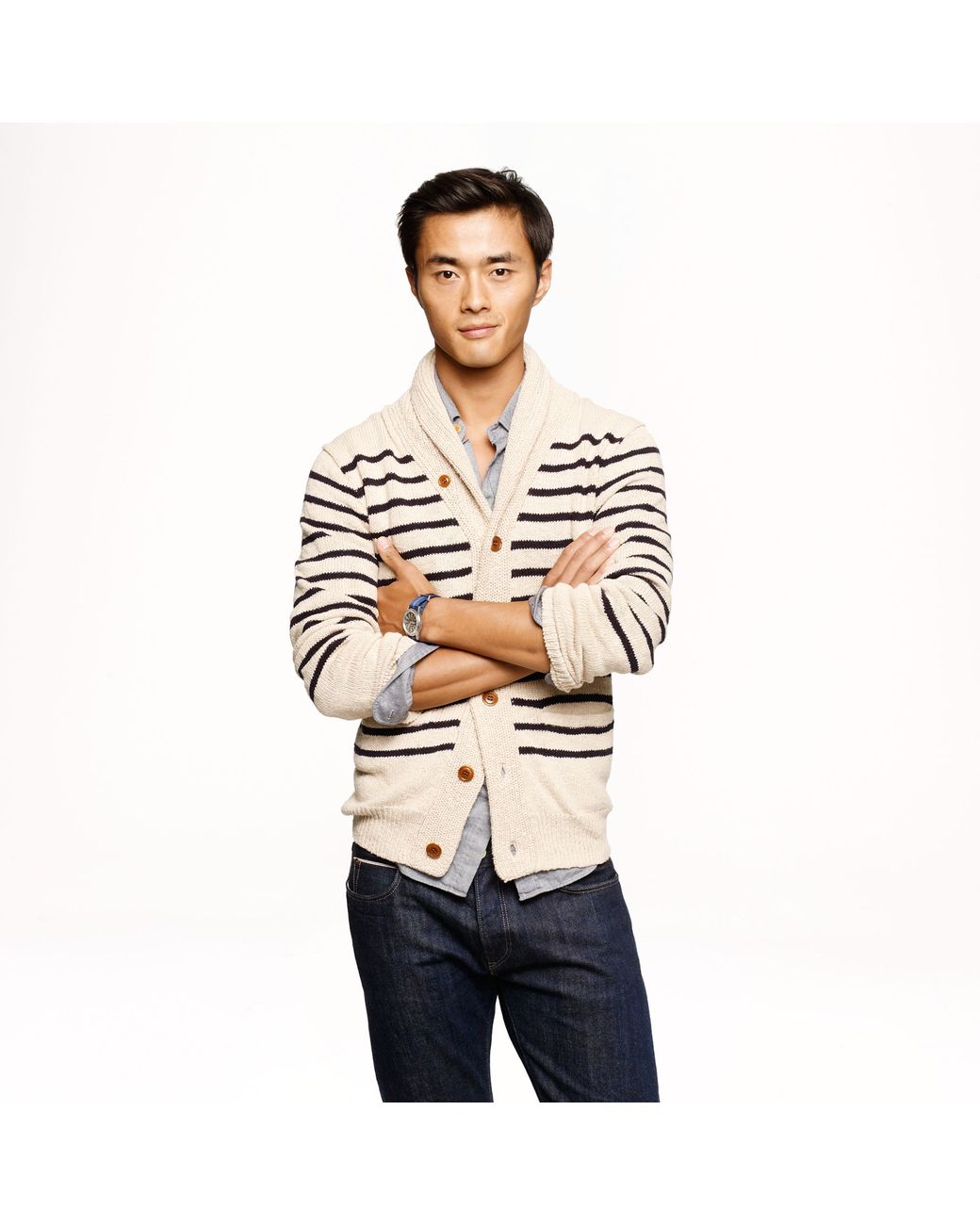 J.Crew Stripe Cotton Shawl Cardigan in Black for Men Lyst