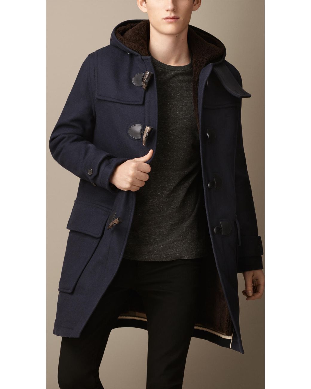 Burberry Double Faced Wool Duffle Coat with Shearling Lining in Navy ...