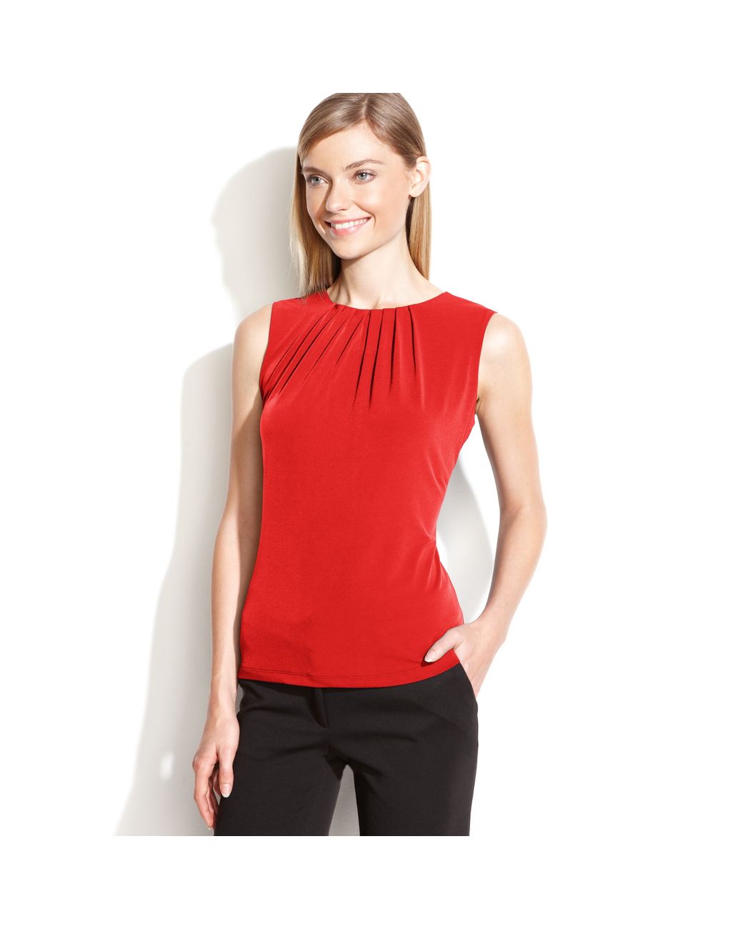 Calvin Klein Sleeveless Pleated Neck Blouse in Red | Lyst