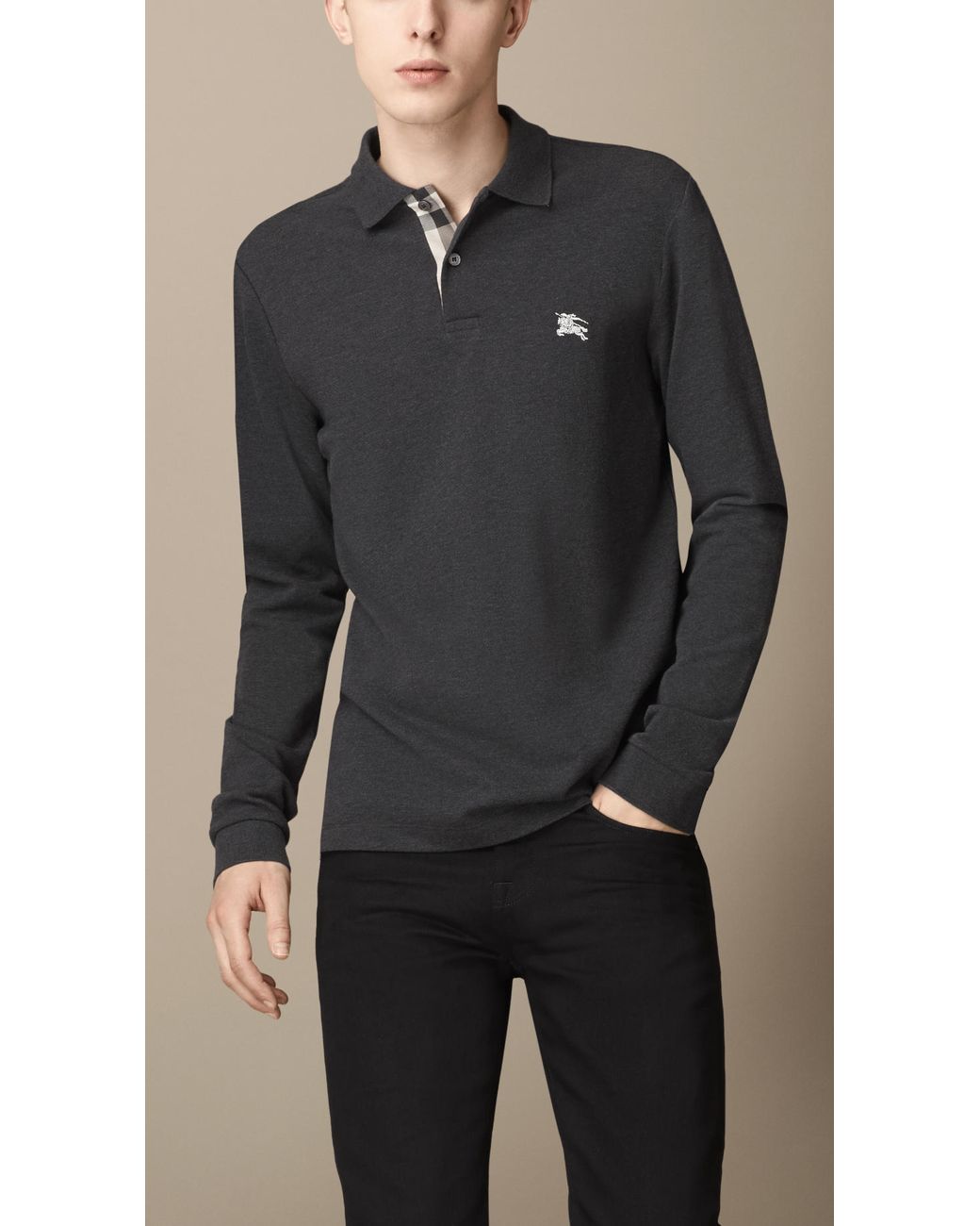 Burberry Long Sleeve Polo Shirt in Gray for Men | Lyst