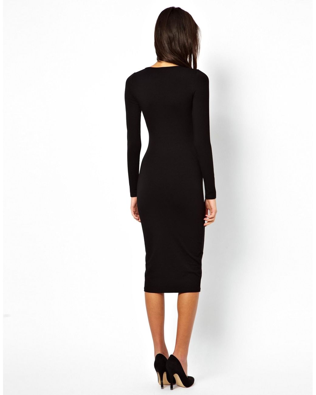 asos bodycon dress with long sleeve ASOS DESIGN long sleeve twist hardware detail midi dress in chocolate