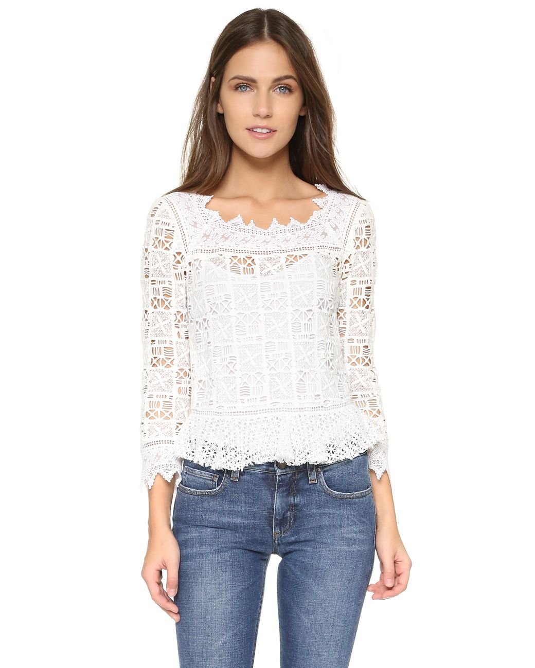 Rebecca Taylor Long Sleeve Crochet Lace Top in White | Lyst