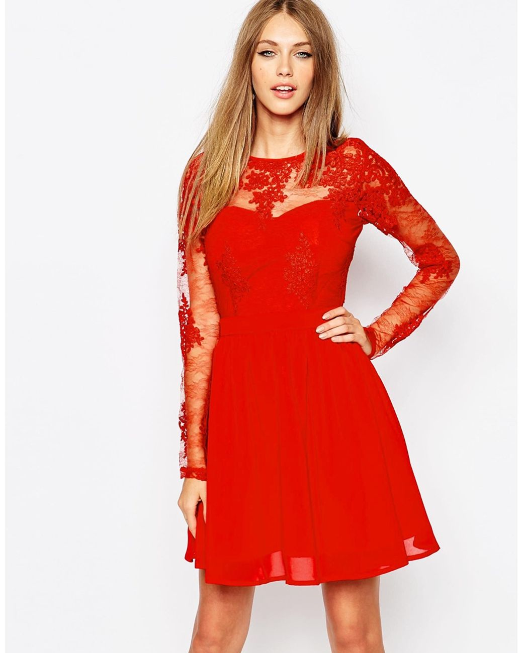 Missguided Premium Lace Long Sleeve Skater Dress in Red | Lyst