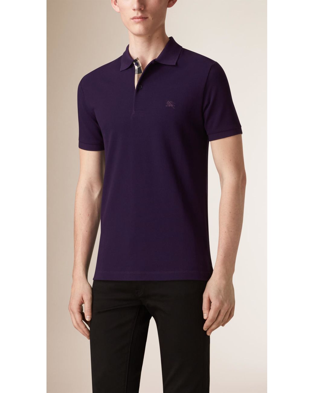 Burberry Check-Detail Cotton Polo Shirt in Purple for Men | Lyst