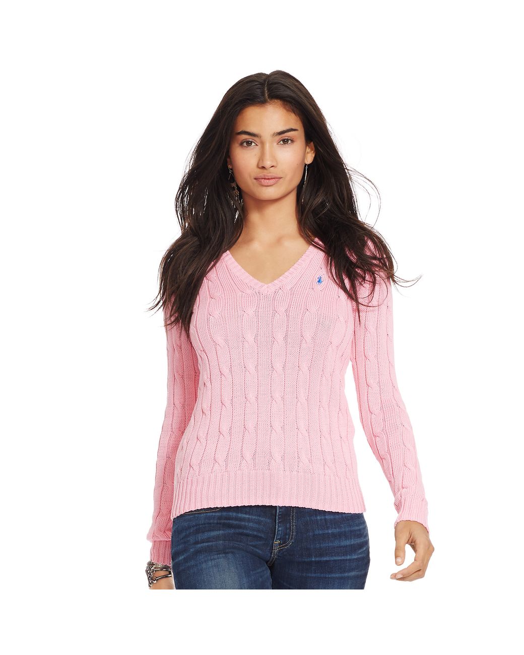Polo Ralph Lauren Cable-knit V-neck Sweater in Pink | Lyst