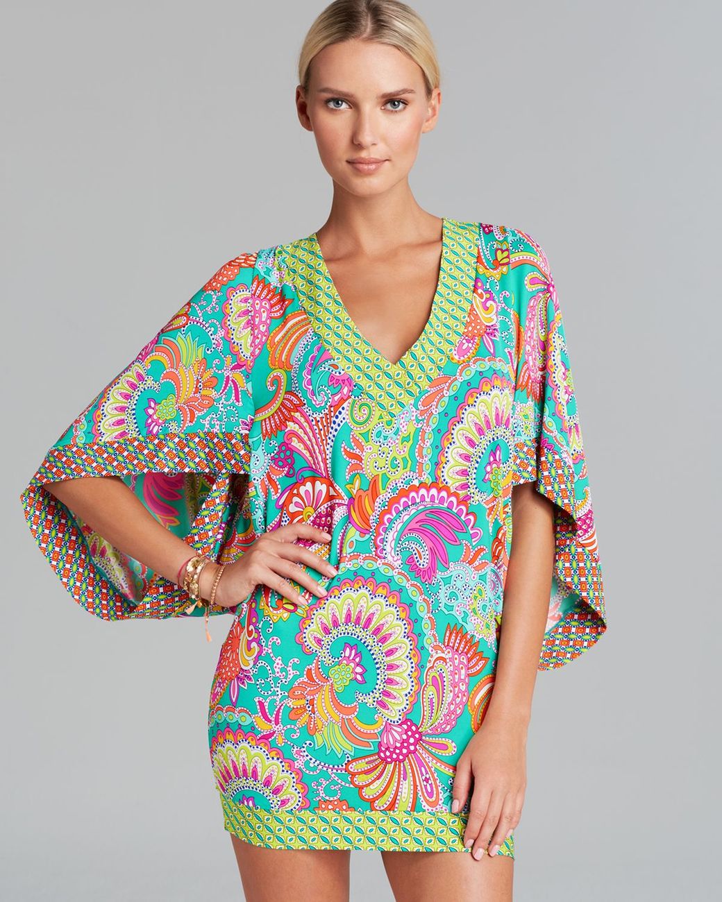 Trina Turk Festival Folkloric Knit Covers Tunic Swim Cover Up in Blue