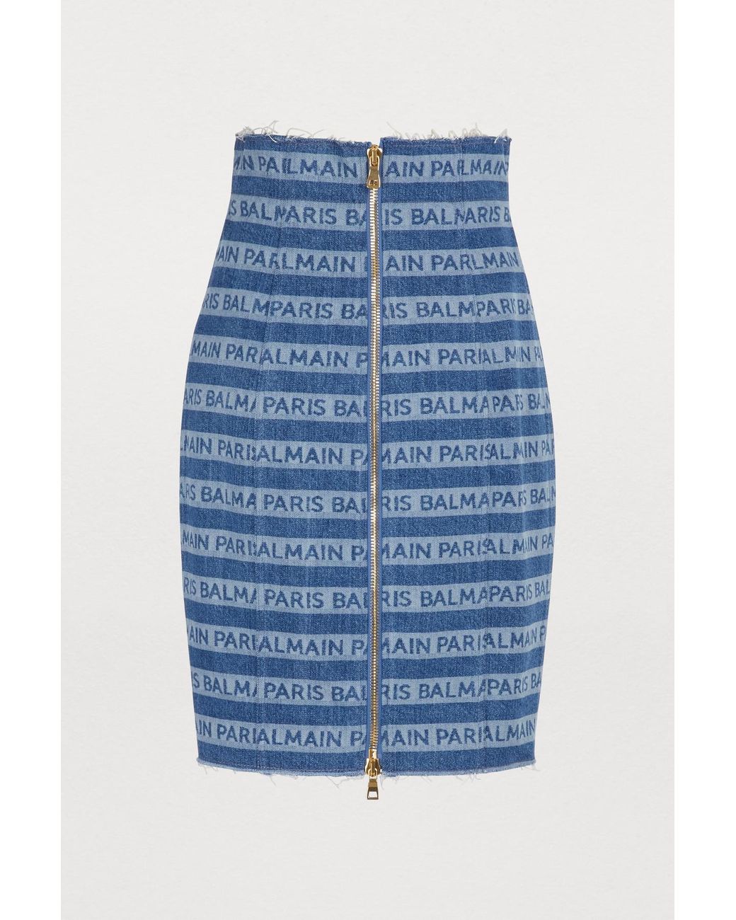 Balmain Denim Stripe Logo Pencil Skirt 