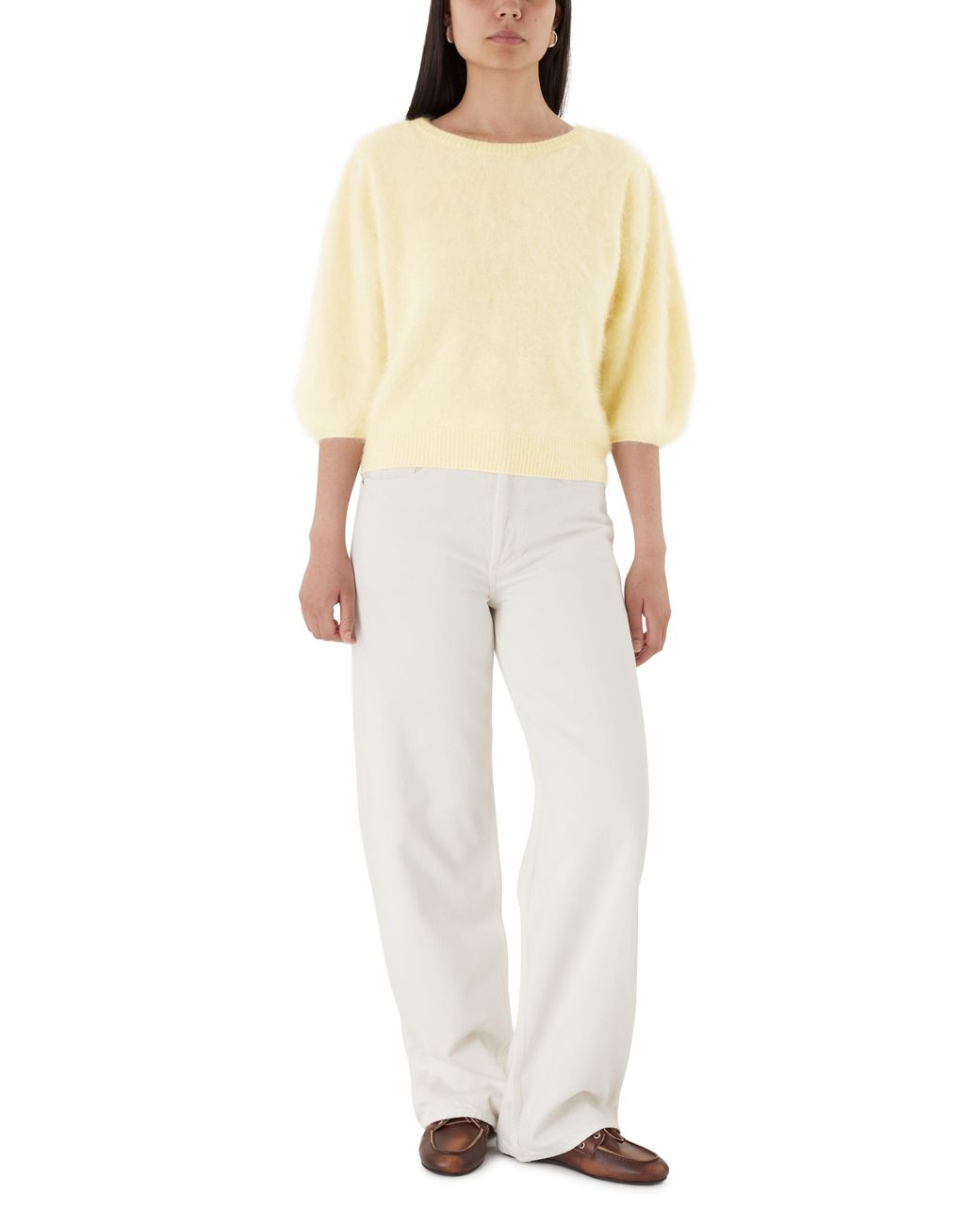Soft Goat Natural Short-Sleeved Brushed Cashmere Crew Neck Sweater