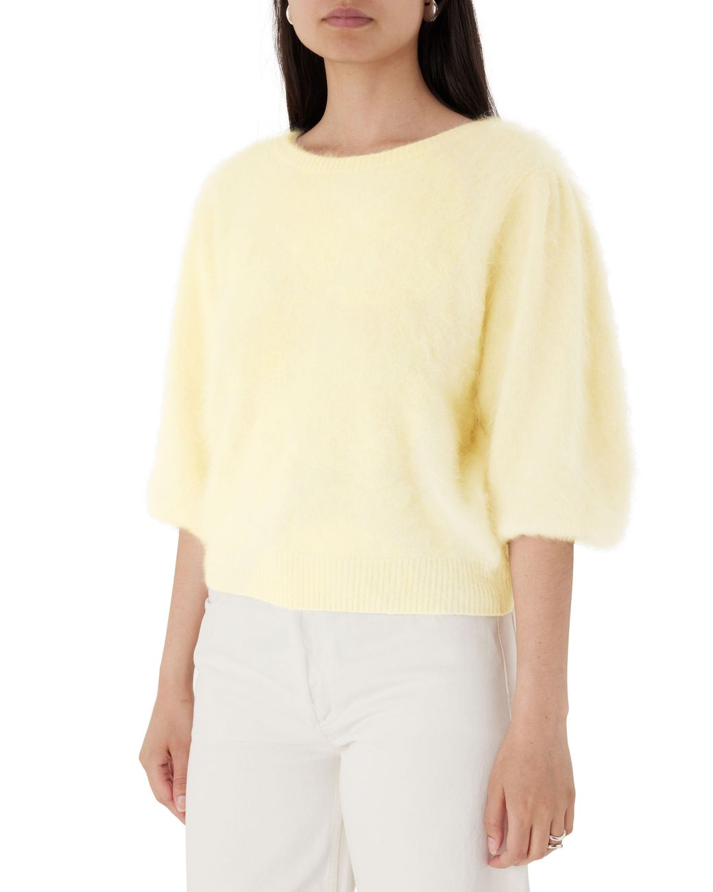 Soft Goat Natural Short-Sleeved Brushed Cashmere Crew Neck Sweater