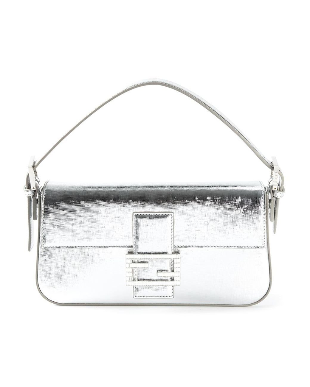 Fendi Metallic Silver Leather Crystal Logo Detail Baguette | Lyst