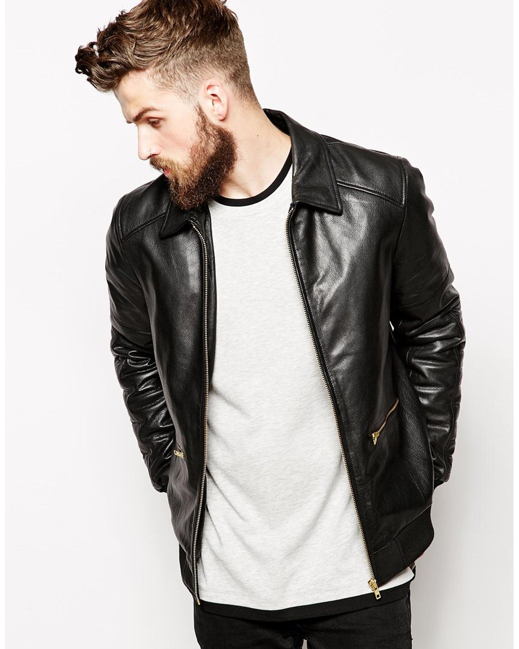 ASOS Leather Harrington Jacket in Black for Men | Lyst