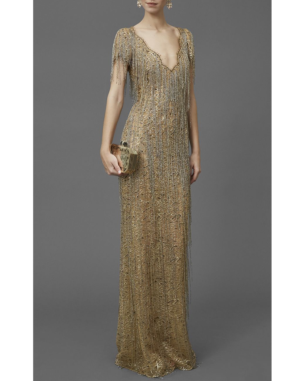 Marchesa Bugle Beaded Fringe Lace Gown in Metallic Lyst
