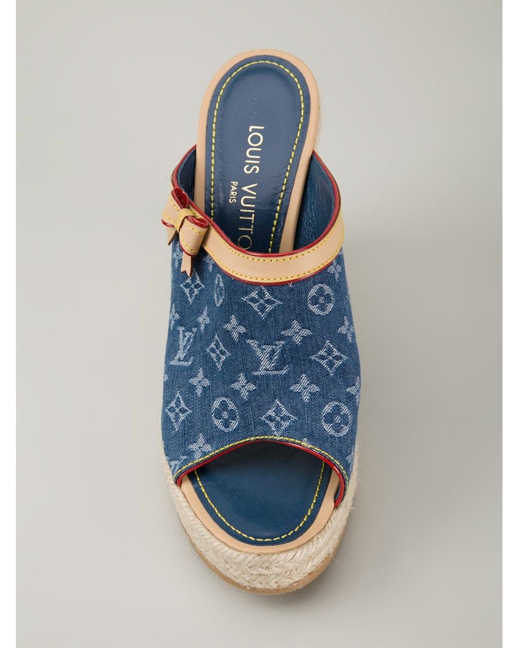 LOUIS VUITTON LV monogram blue denim beige bow wooden clog sandals EU36.5