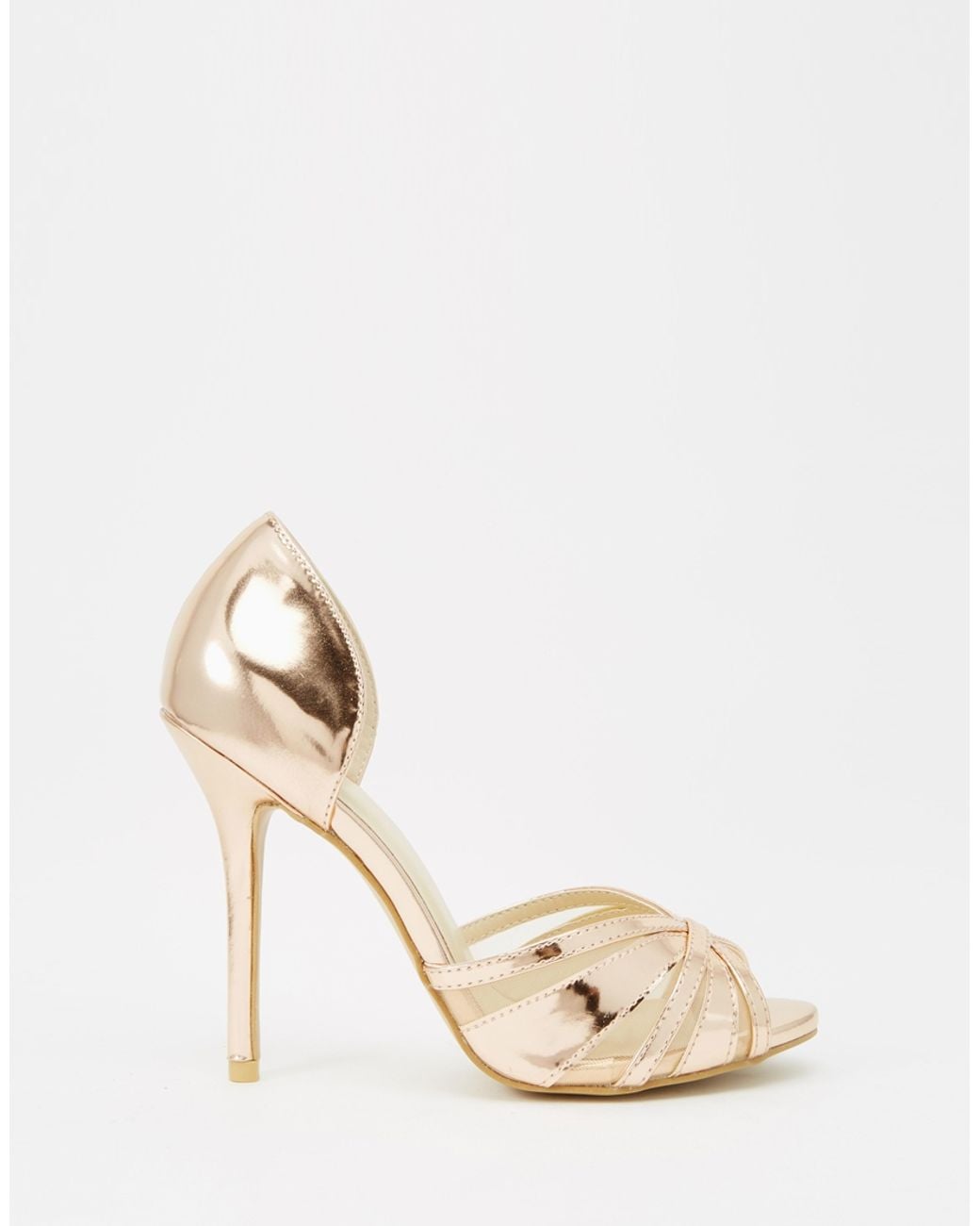 True Decadence Rose Gold Metallic Heeled Peep Toe Sandals | Lyst