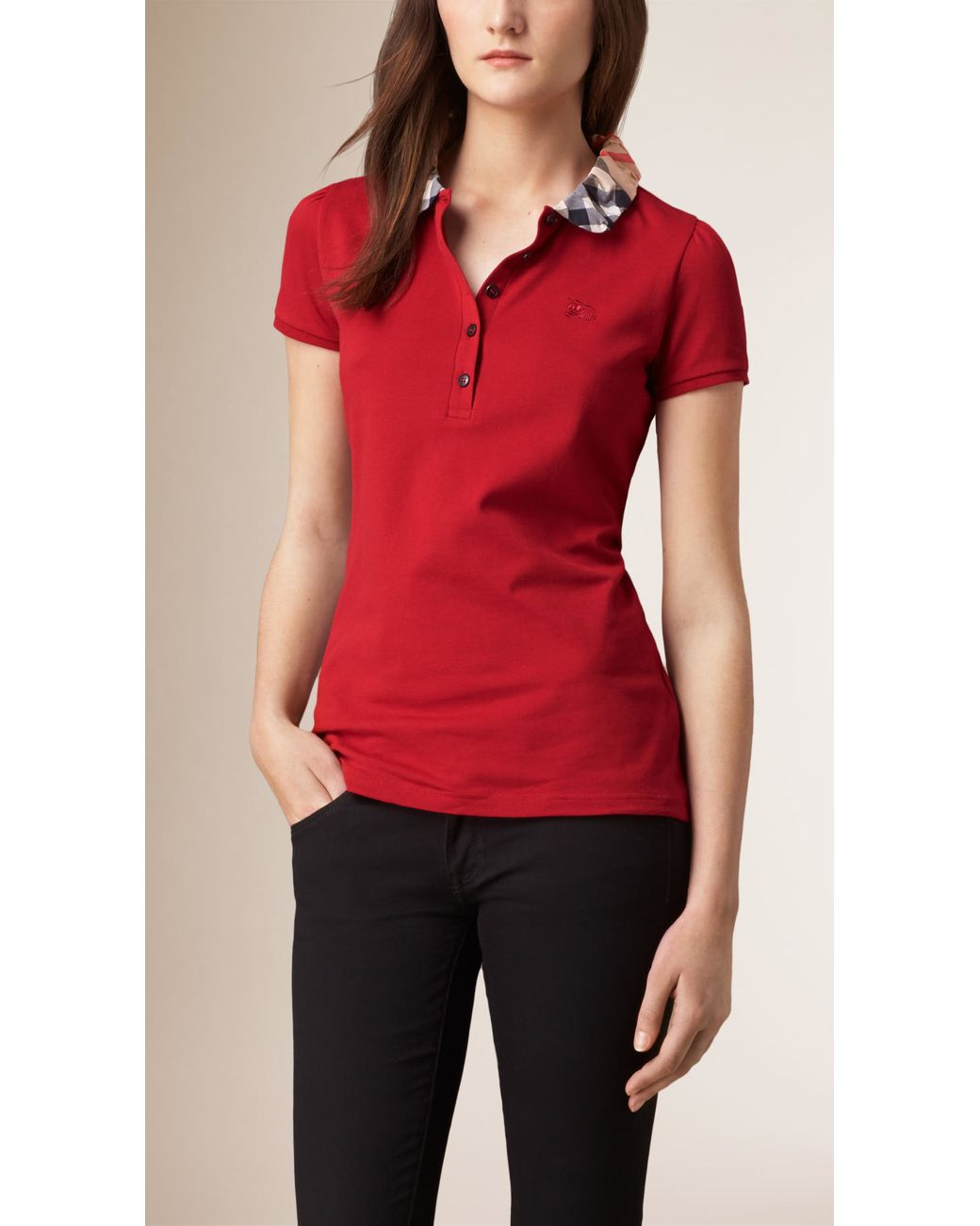 Burberry Check Collar Polo Shirt in Red | Lyst