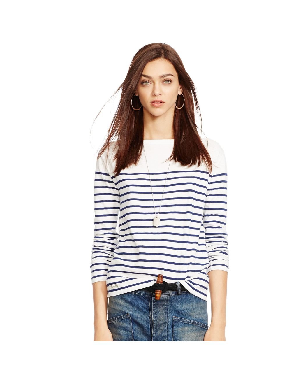 Polo Ralph Lauren Striped Cotton Boatneck Shirt in Blue | Lyst