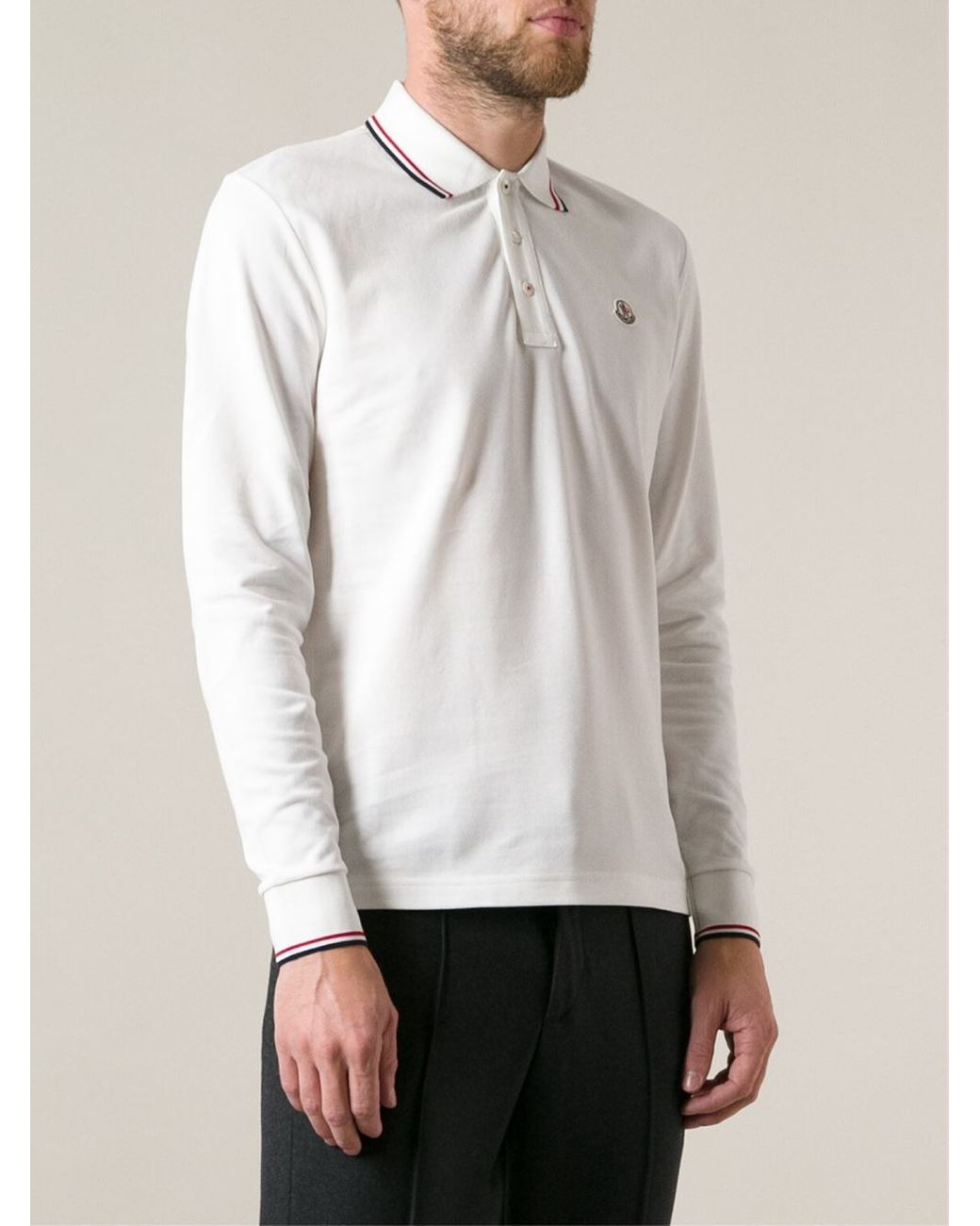 Moncler Long Sleeve Polo Shirt in White for Men | Lyst